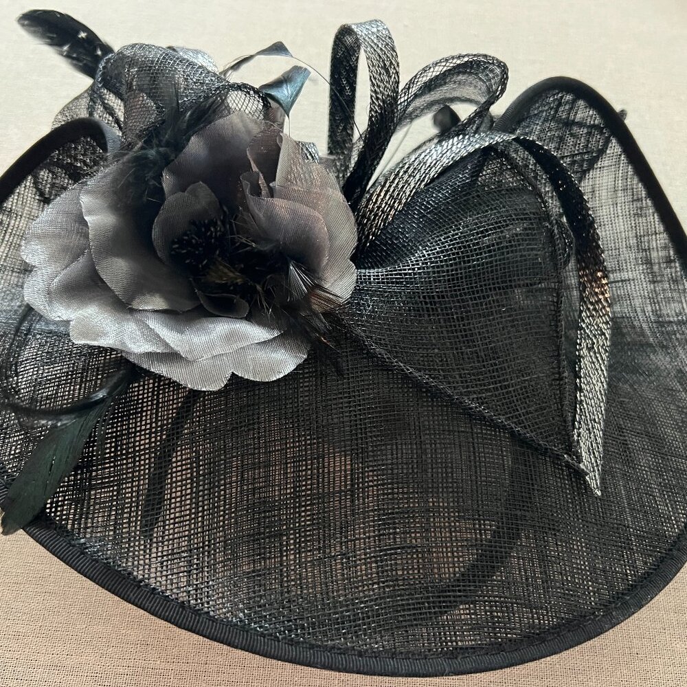 Fascinator / Headband Black Oversized Black Syname Brim Silver and Black Silk Fl
